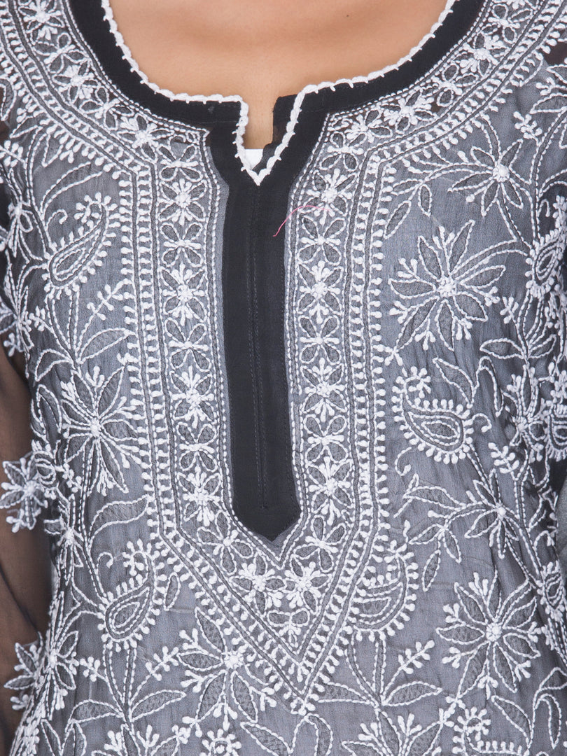 Seva Chikan Hand Embroidered Black Georgette Lucknowi Chikankari Kurti SCL1082