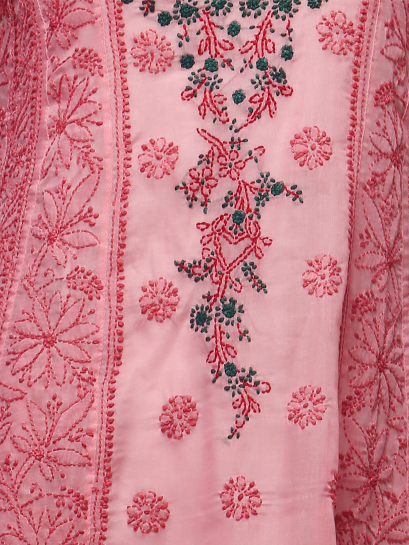 Seva Chikan Hand Embroidered Carrot Pink Cotton Lucknowi Chikankari Anarkali-SCL0235