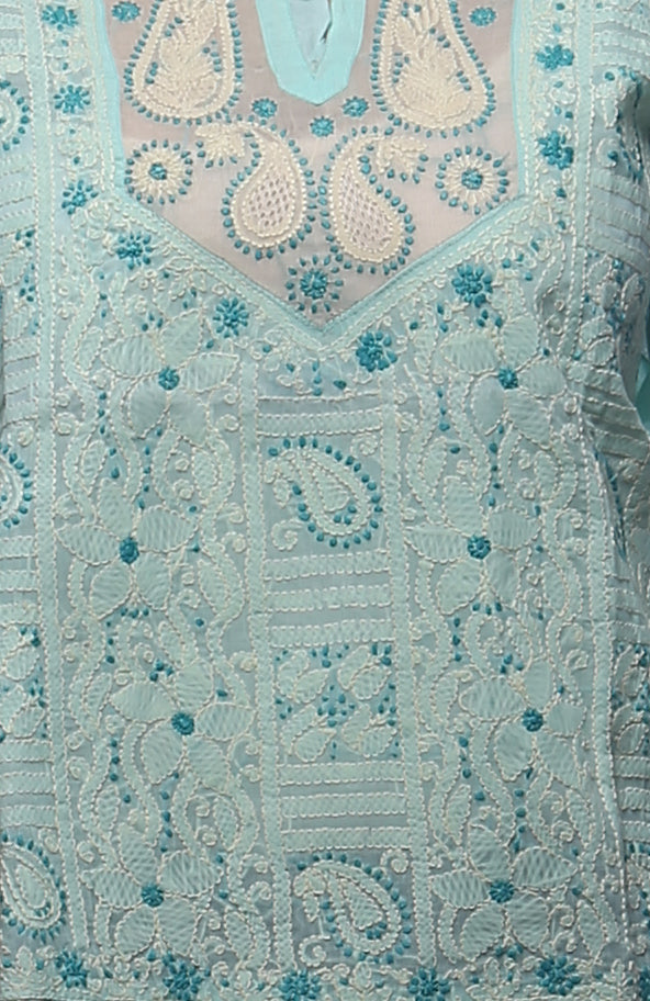 Seva Chikan Hand Embroidered Sea Green Cotton Lucknowi Chikankari Short Top-SCL0345