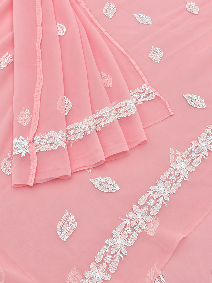Seva Chikan Hand Embroidered Peach Georgette Lucknowi Chikankari Unstitched Suit Piece-SEV15041