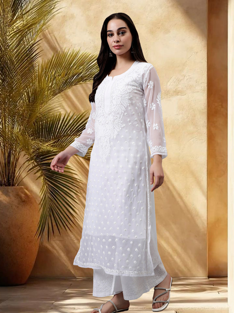 Seva Chikan Hand Embroidered Georgette Chikankari Kurta With Matching Slip
