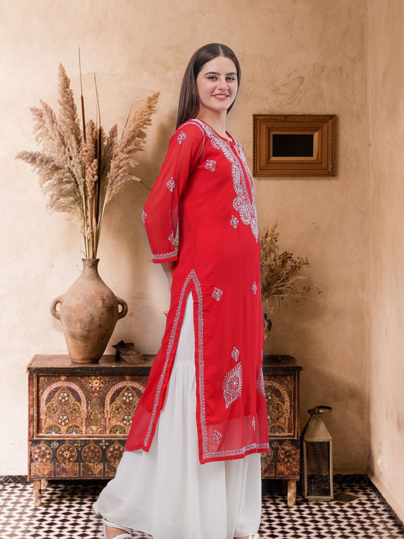 Seva Chikan Hand Embroidered Maroon Georgette Lucknowi Chikankari Kurta With Inner
