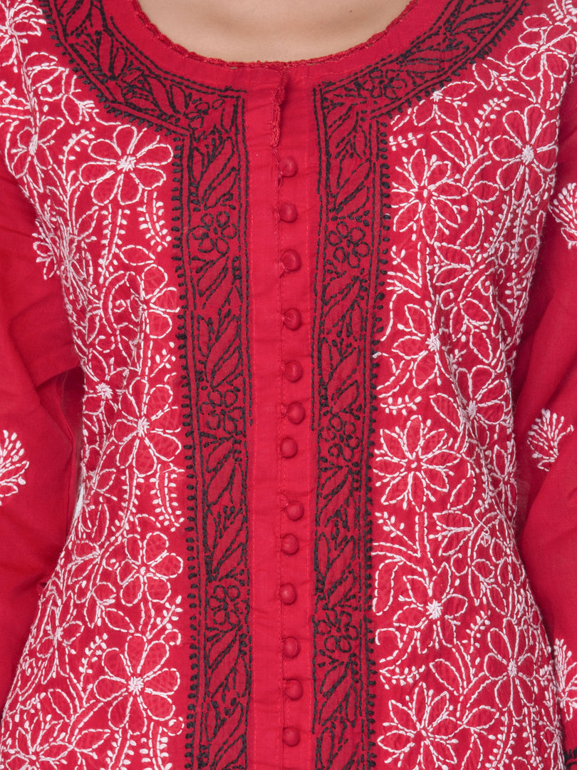 Seva Chikan Hand Embroidered Red Cotton Front Open Lucknowi Chikan Kurta-SCL0913
