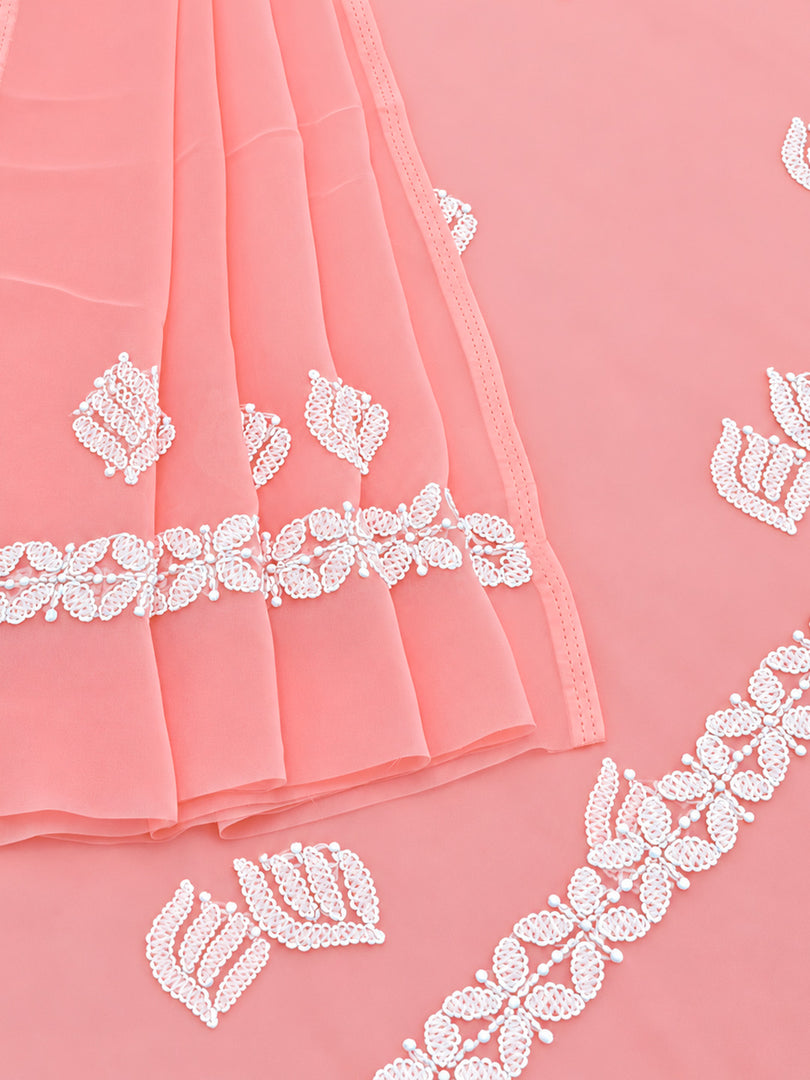 Seva Chikan Hand Embroidered Peach Georgette Lucknowi Chikankari Unstitched Suit Piece-SEV15048