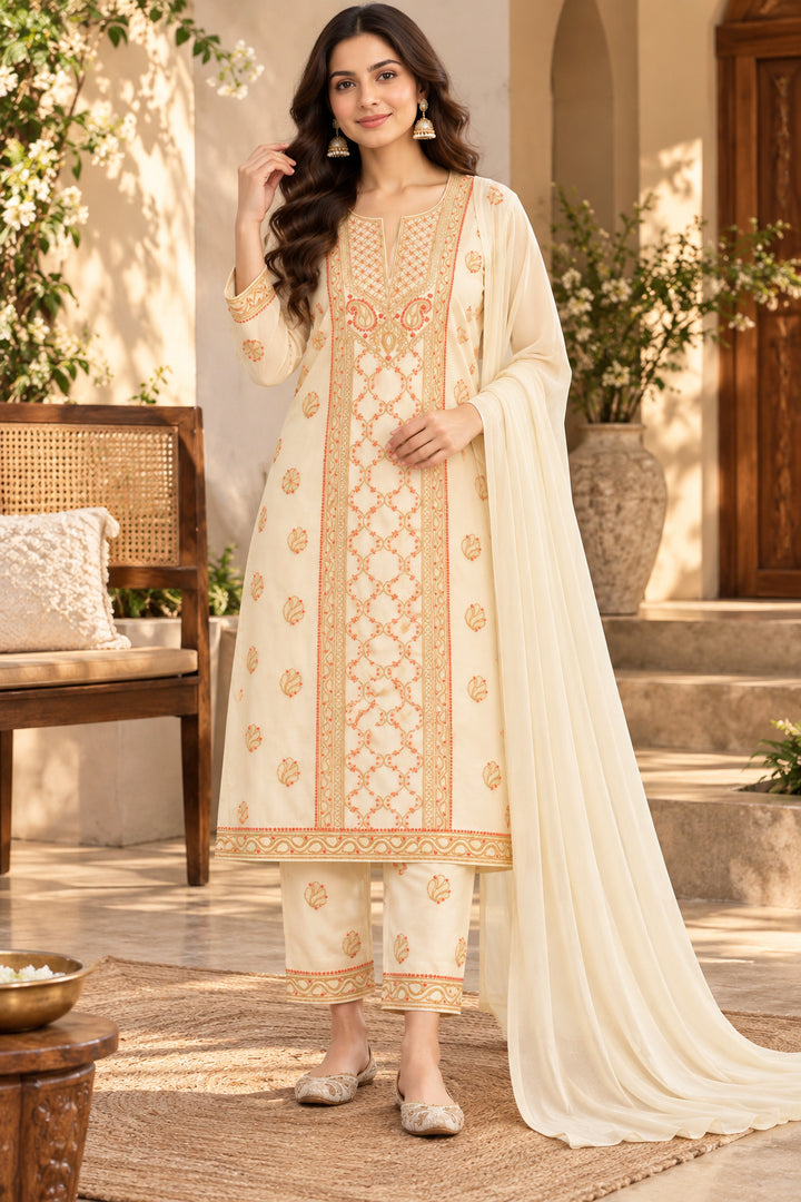 Seva Chikan Hand Embroidere Cream Terivoil Cotton Lucknowi Chikankari Unstitched Suit Piece-SEV15026