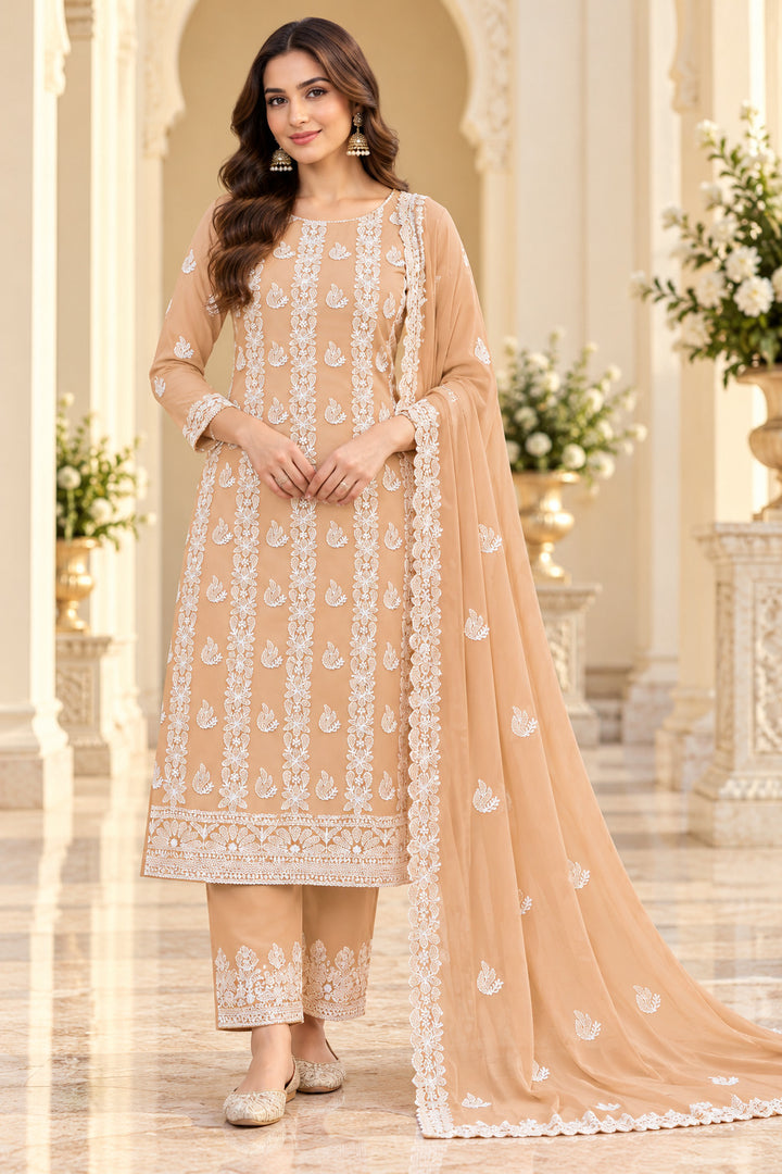 Seva Chikan Hand Embroidered Fawn Georgette Lucknowi Chikankari Unstitched Suit Piece-SEV15043