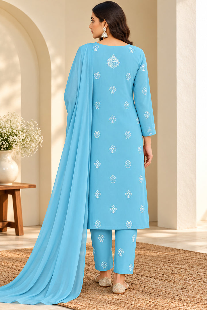 Seva Chikan Hand Embroidered Blue Terivoil Cotton Lucknowi Chikankari Unstitched Suit Piece-SCL13142
