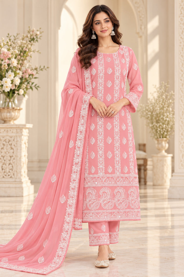 Seva Chikan Hand Embroidered Peach Georgette Lucknowi Chikankari Unstitched Suit Piece-SEV15041