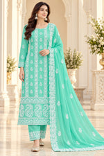 Load image into Gallery viewer, Seva Chikan Hand Embroidered Sea Green Georgette Lucknowi Chikankari Unstitched Suit Piece-SEV15042
