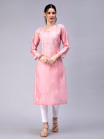 Load image into Gallery viewer, Seva Chikan Hand Embroidered Pink Chanderi Lucknowi Chikan Kurti-SCL4327