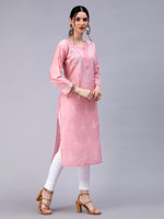 Load image into Gallery viewer, Seva Chikan Hand Embroidered Pink Chanderi Lucknowi Chikan Kurti-SCL4327