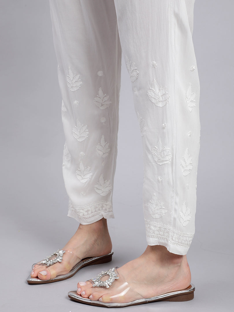 Seva Chikan Hand Embroidered Lucknowi Chikankari White Viscose Georgette Trouser Palazzo for Women SCL11027