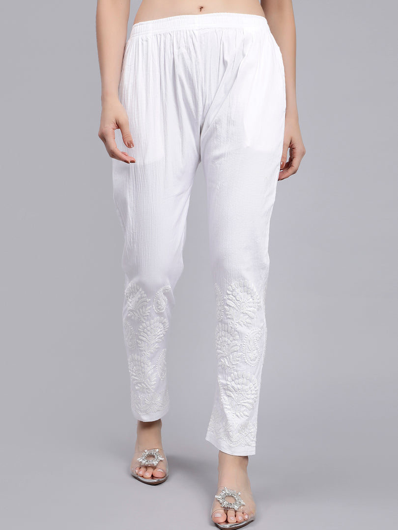 Seva Chikan Hand Embroidered Lucknowi Chikankari White Lycra Trouser Pant for Women SCL11028