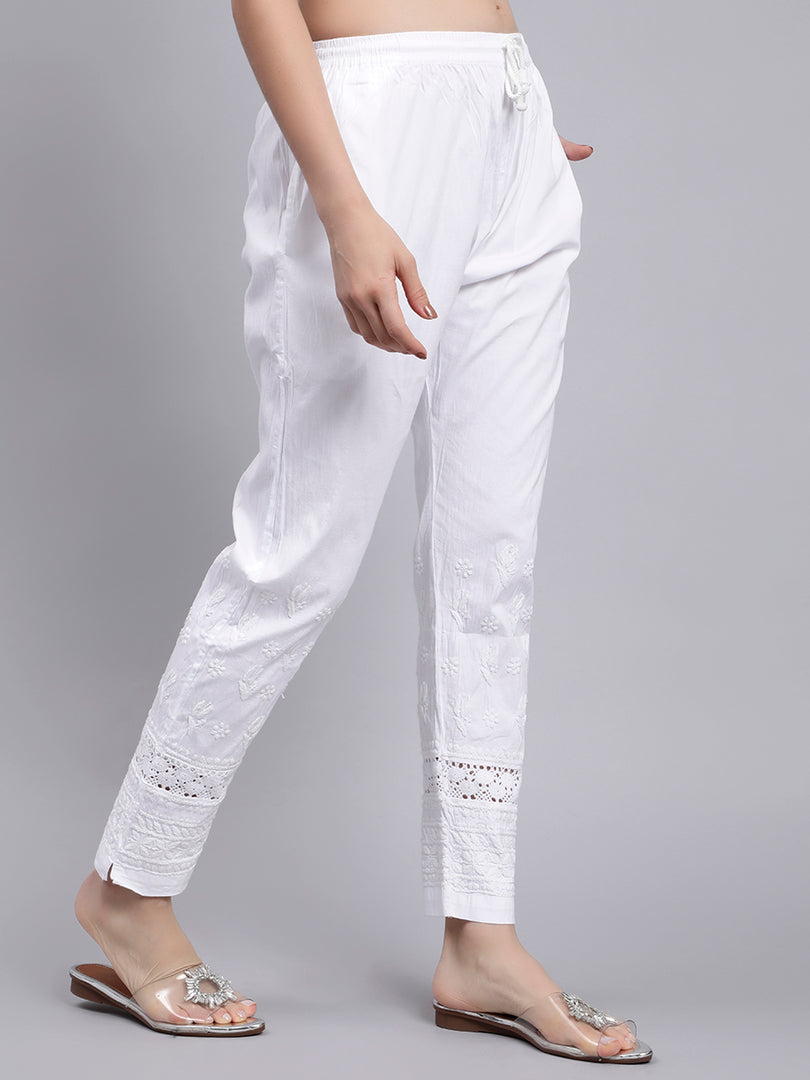 Seva Chikan Hand Embroidered Lucknowi Chikankari White Lycra Trouser Palazzo Pant for Women SCL11029