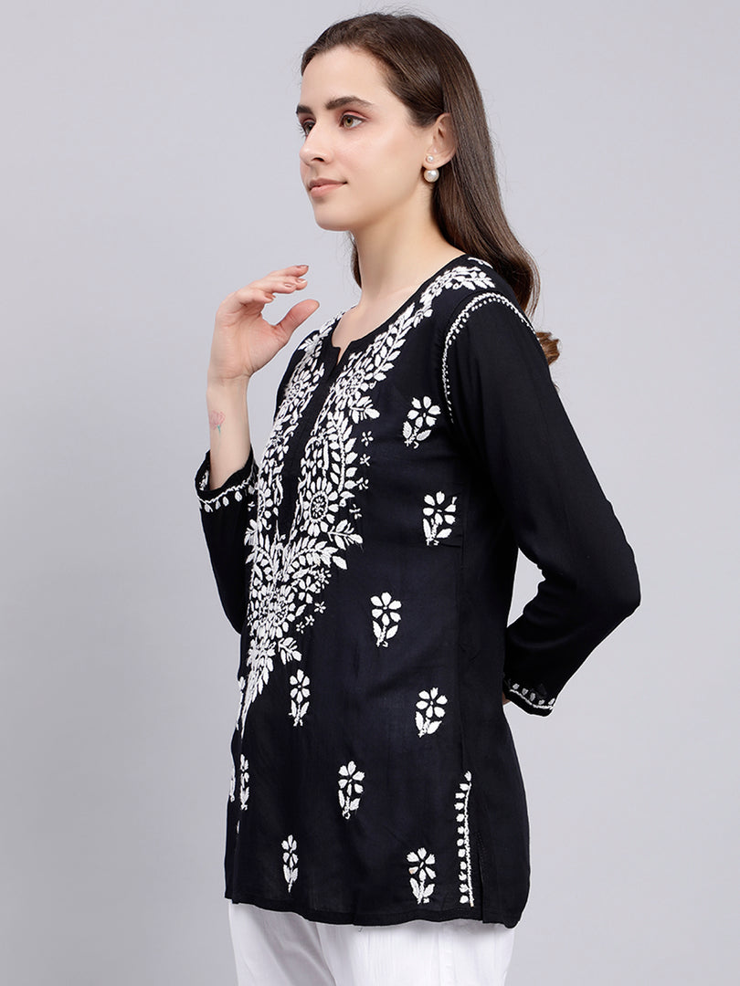Seva Chikan Hand Embroidered Black Modal Lucknowi Chikankari Top SCL9108