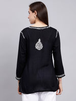 Load image into Gallery viewer, Seva Chikan Hand Embroidered Black Modal Lucknowi Chikankari Top SCL9108