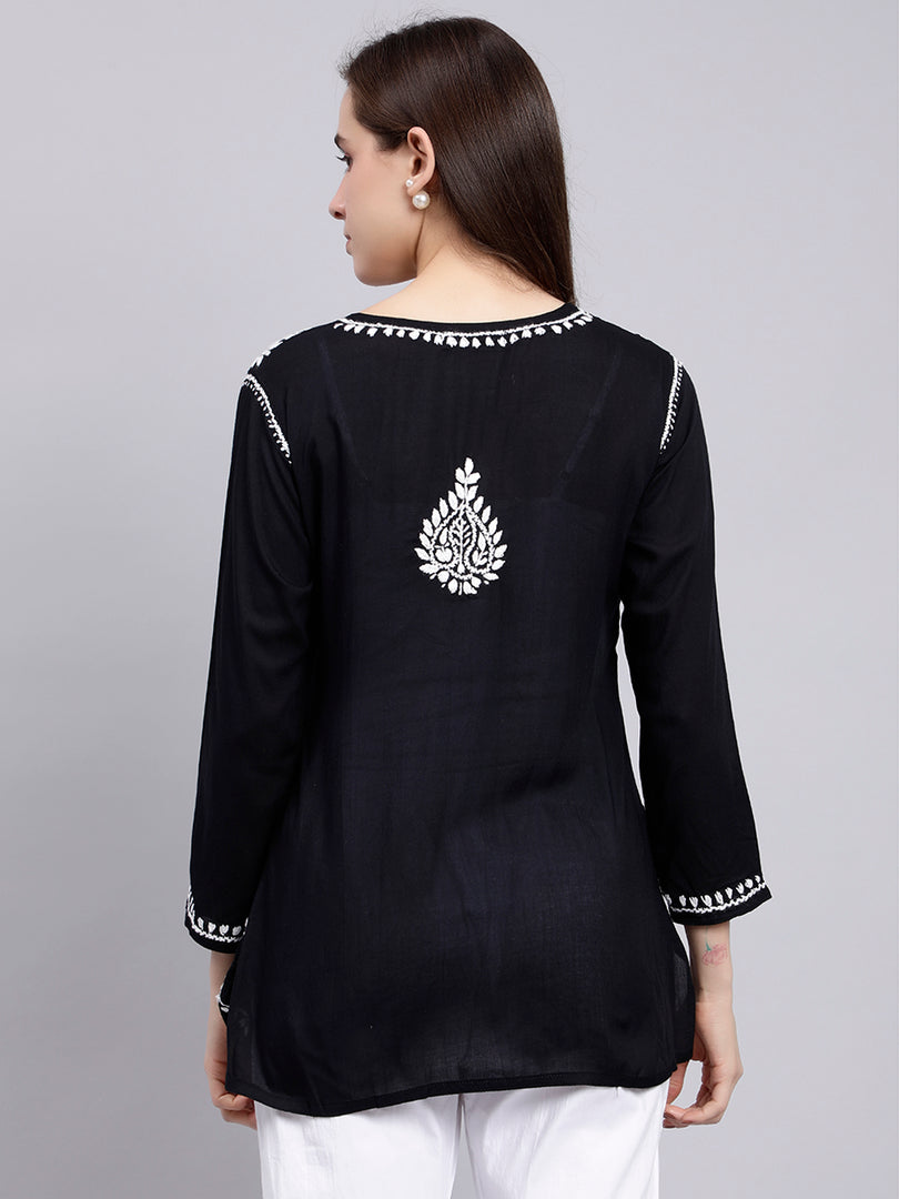 Seva Chikan Hand Embroidered Black Modal Lucknowi Chikankari Top SCL9108