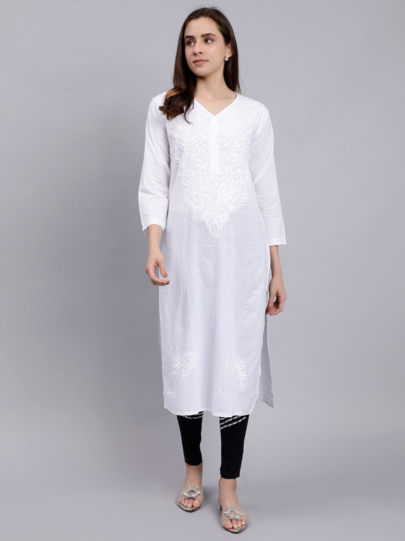 Seva Chikan Hand Embroidered Lucknowi Chikankari White Cotton Kurta and Cream Pant Set for Women SCL8033