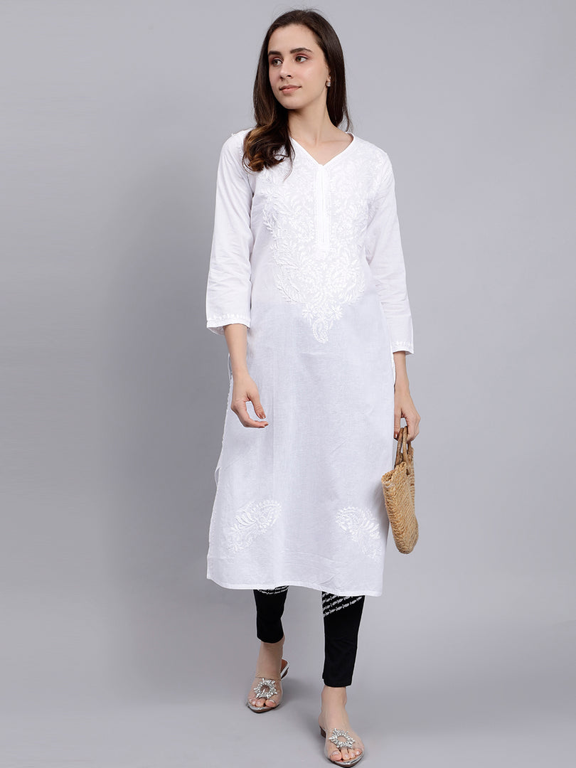 Seva Chikan Hand Embroidered Lucknowi Chikankari White Cotton Kurta and Cream Pant Set for Women SCL8033