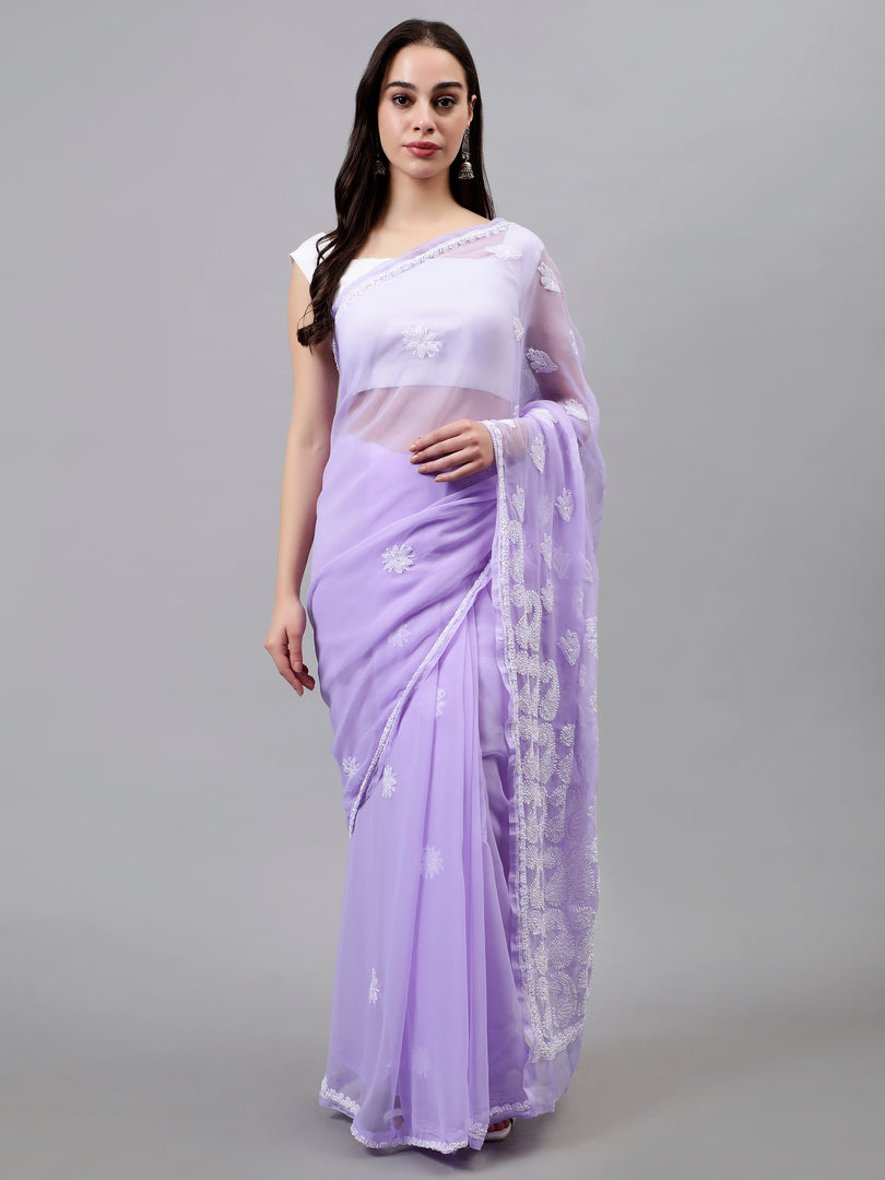Seva Chikan Hand Embroidered Lavender Georgette Lucknowi Chikankari Saree- SCL6048
