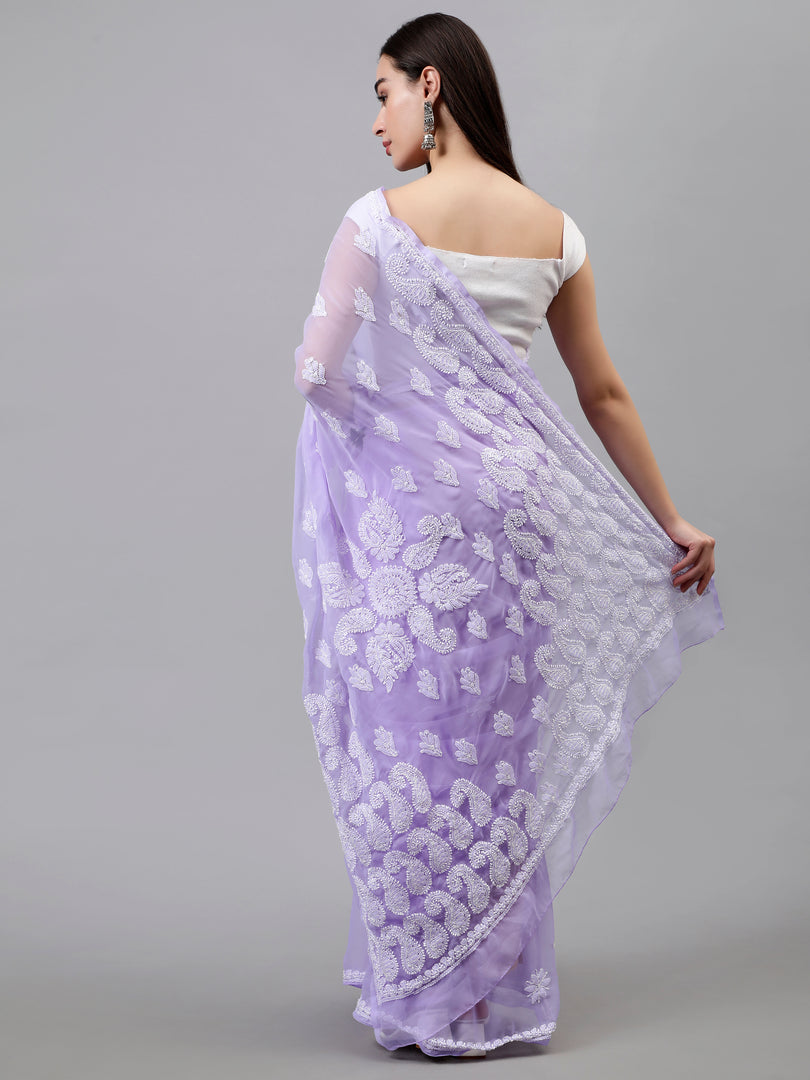 Seva Chikan Hand Embroidered Lavender Georgette Lucknowi Chikankari Saree- SCL6048