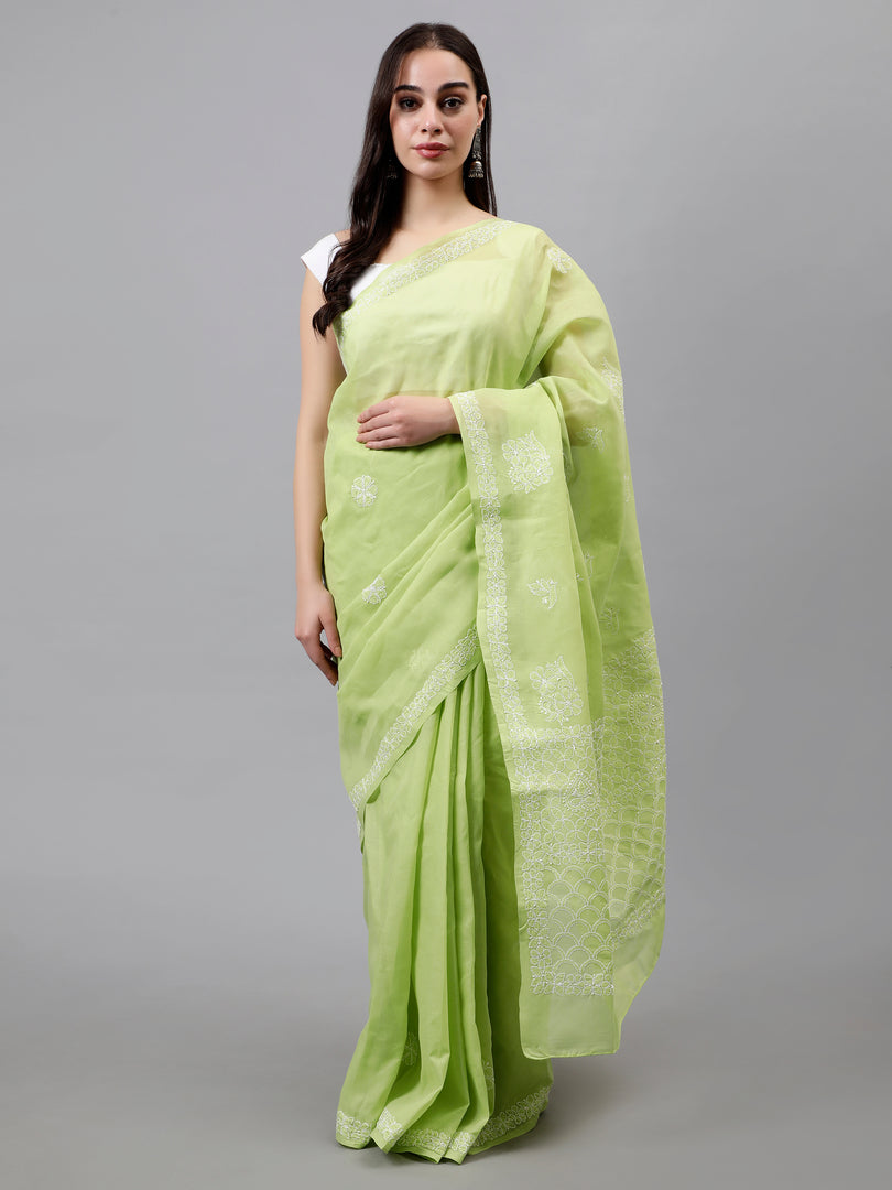 Seva Chikan Hand Embroidered Green Terivoil Cotton Lucknowi Chikankari Saree- SCL6054