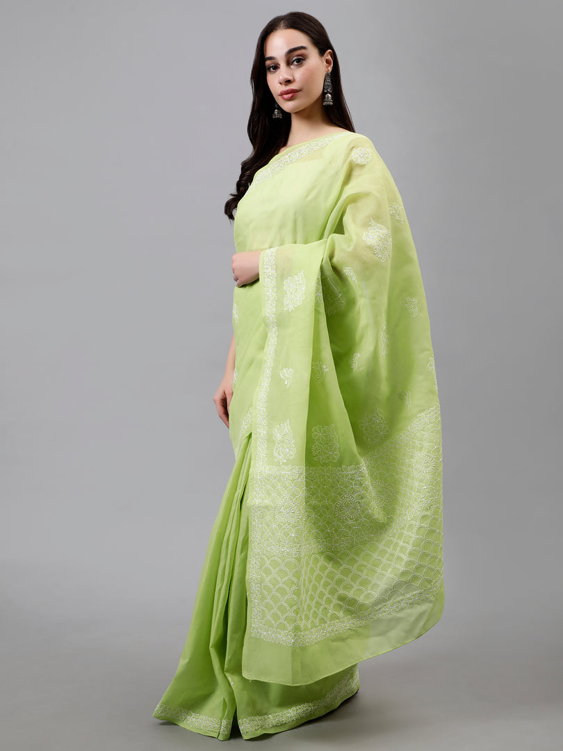 Seva Chikan Hand Embroidered Green Terivoil Cotton Lucknowi Chikankari Saree- SCL6054