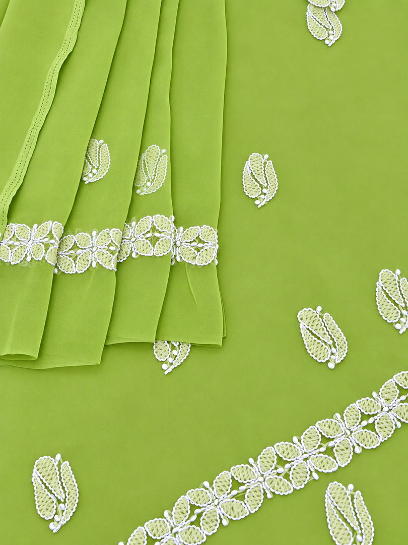 Seva Chikan Hand Embroidered Green Georgette Lucknowi Chikankari Unstitched Suit Piece-SEV15044