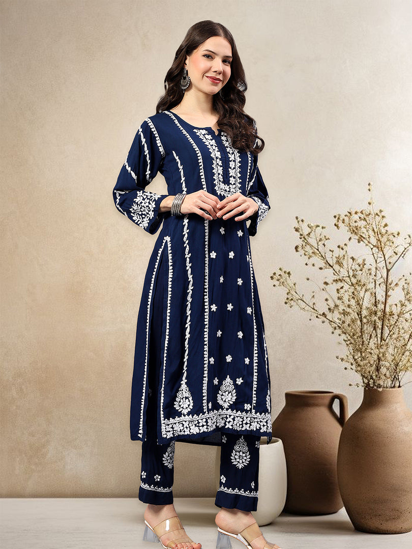Seva Chikan Hand Embroidered Rayon Lucknowi Chikankari Kurta Set