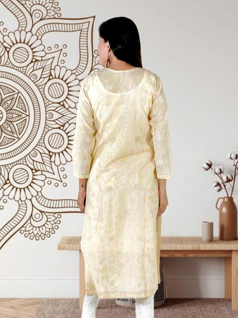 Seva Chikan Hand Embroidered Yellow Cotton Lucknowi Chikan Kurti SCL1322