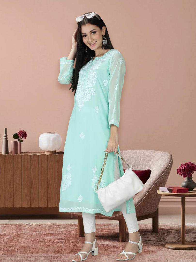 Seva Chikan Hand Embroidered  Georgette Lucknowi Chikankari kurta with Slip