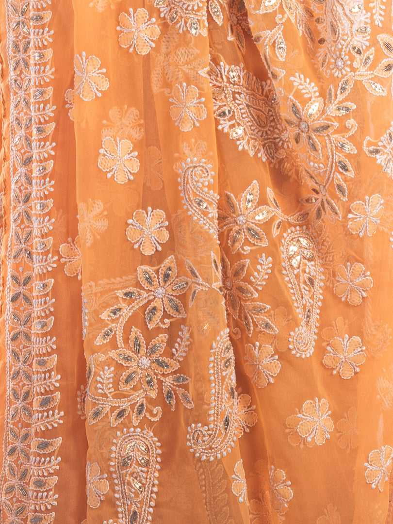 Seva Chikan Hand Embroidered Orange Georgette Lucknowi Saree With Gotta Patti Work-SCL1763