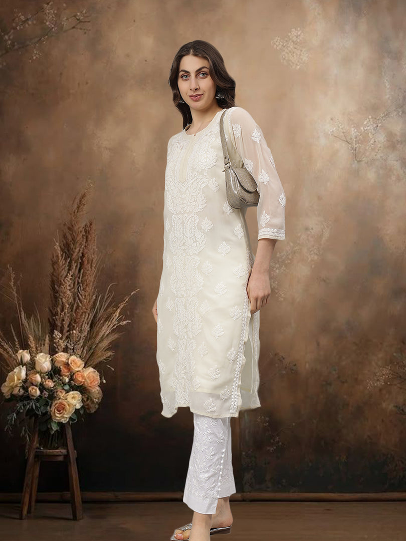 Seva Chikan Hand Embroidered Georgette Lucknowi Chikankari Kurta With Slip