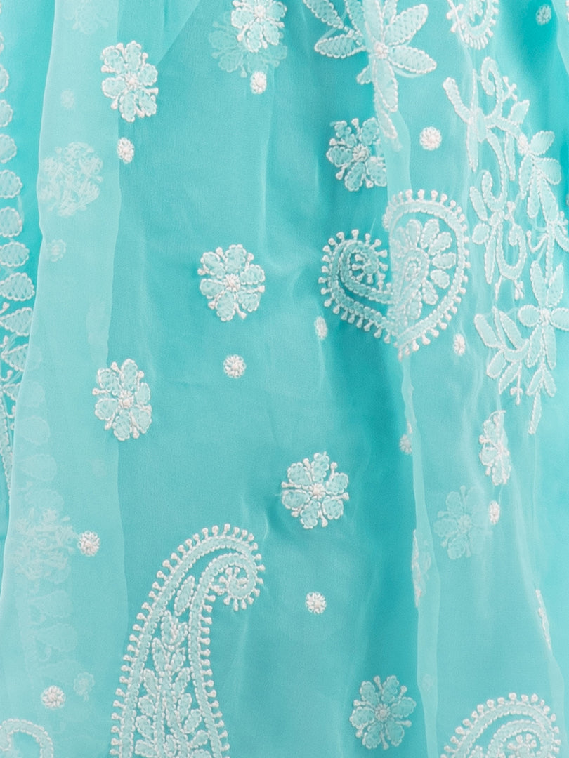 Seva Chikan Hand Embroidered Turquoise Georgette Lucknowi Saree-SCL1166