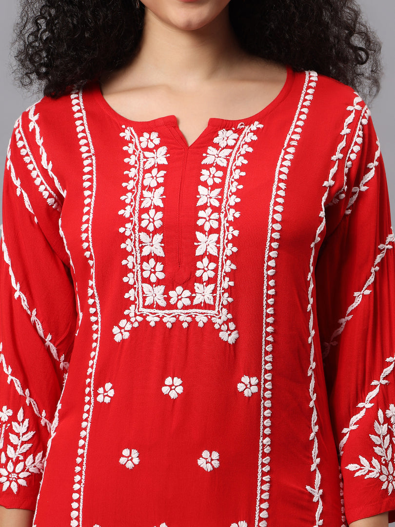 Seva Chikan Hand Embroidered Red Rayon Lucknowi Chikankari Kurta Set SCL8104