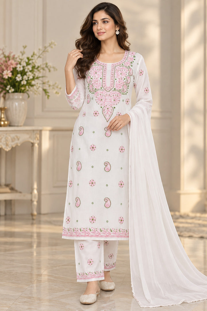 Seva Chikan Hand Embroidered Pink Cotton Lucknowi Chikankari Unstitched Suit Piece-SEV15000