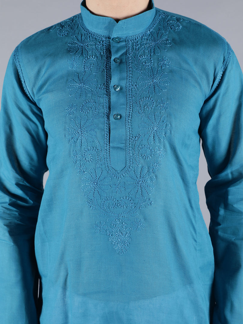 Seva Chikan Hand Embroidered  Cotton Lucknowi Chikan Mens Stitched Kurta