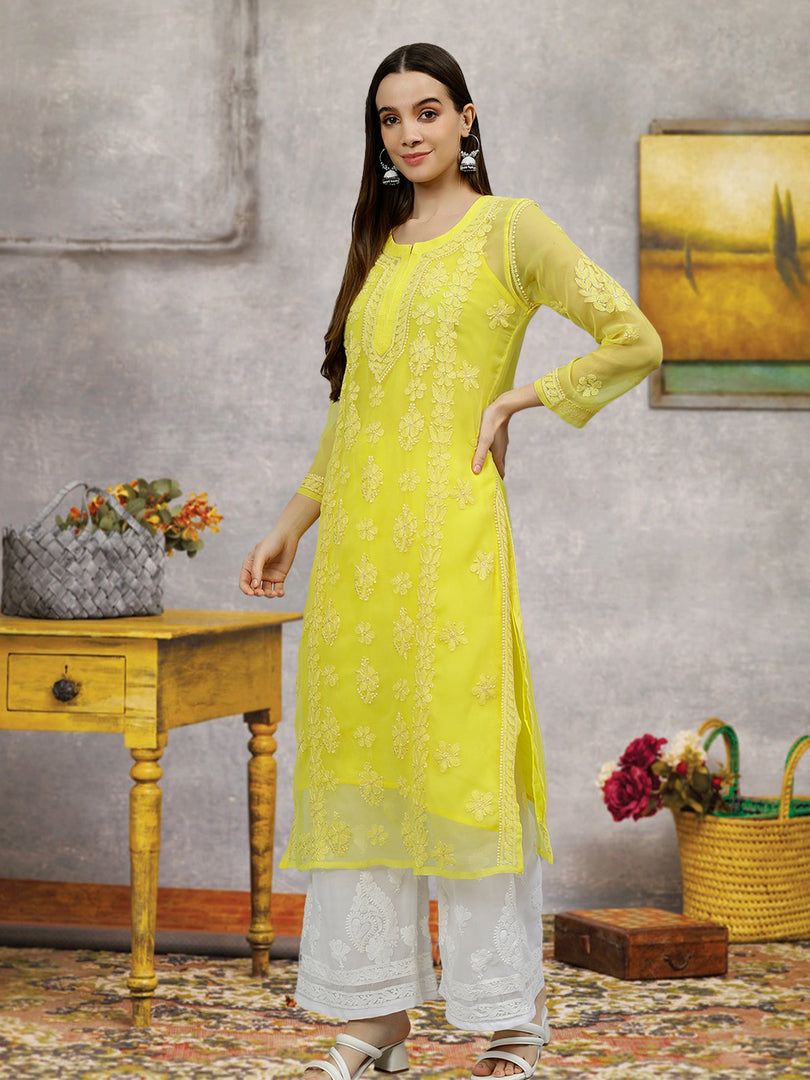 Seva Chikan Hand Embroidered Georgette Chikankari Kurta With Matching Slip