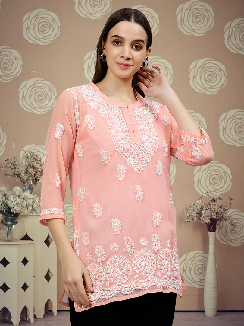 Seva Chikan Hand Embroidered Georgette Lucknowi Chikankari Top With Slip