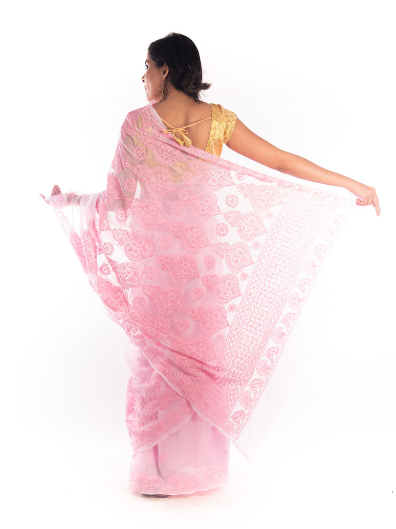 Seva Chikan Hand Embroidered Pink Georgette Lucknowi Saree-SCL1178