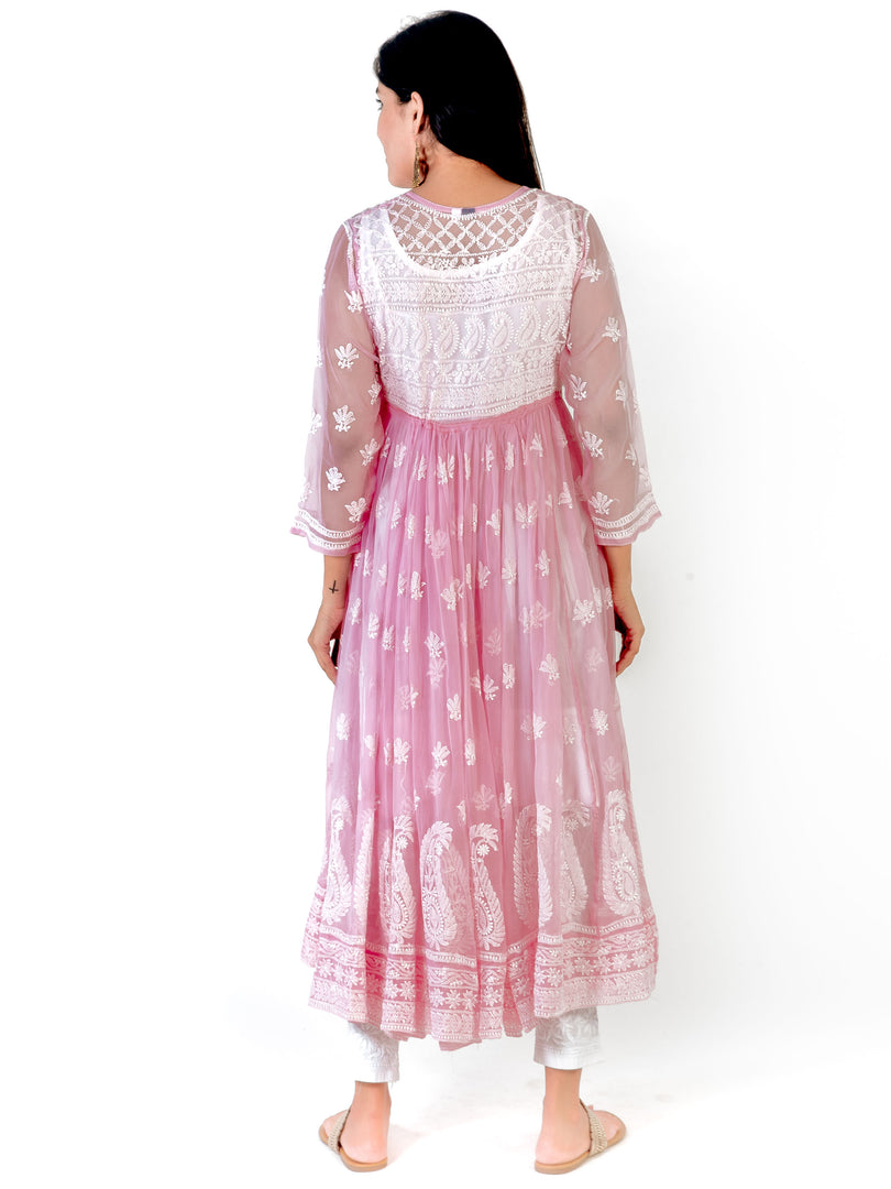 Seva Chikan Hand Embroidered Pink Georgette Lucknowi Chikankari Anarkali-SCL1319