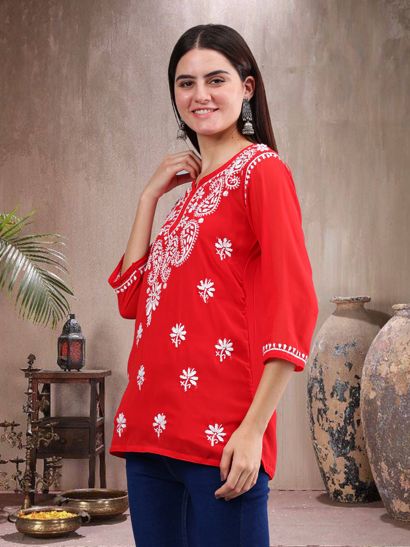 Seva Chikan Hand Embroidered Georgette Lucknowi Chikankari Top With Slip