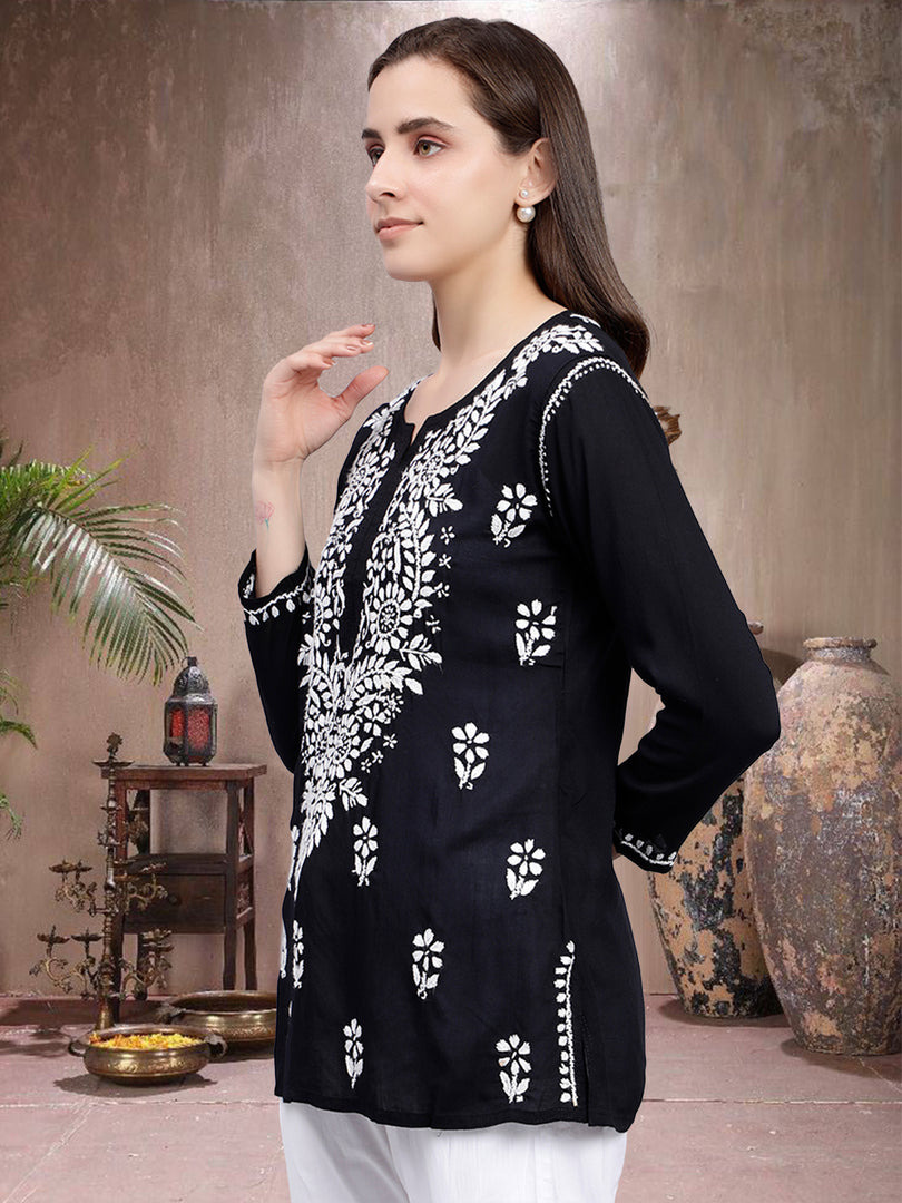 Seva Chikan Hand Embroidered Black Modal Lucknowi Chikankari Top SCL9108