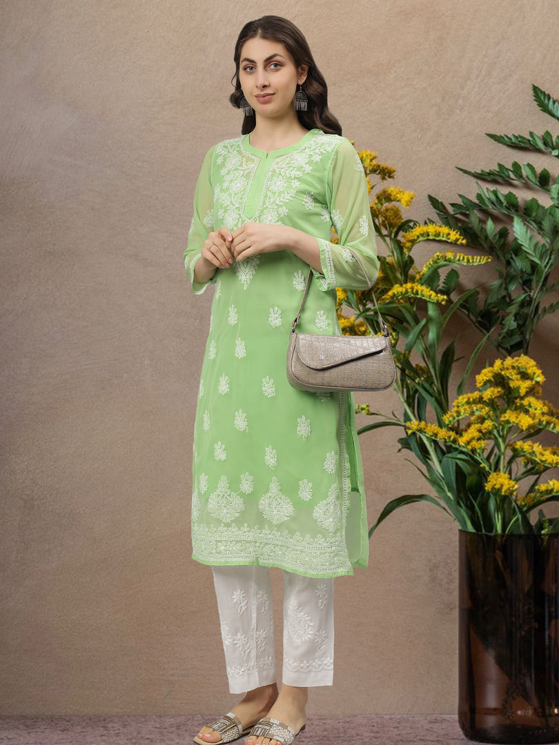 Seva Chikan Hand Embroidered Georgette Lucknowi Chikankari Kurta With Slip