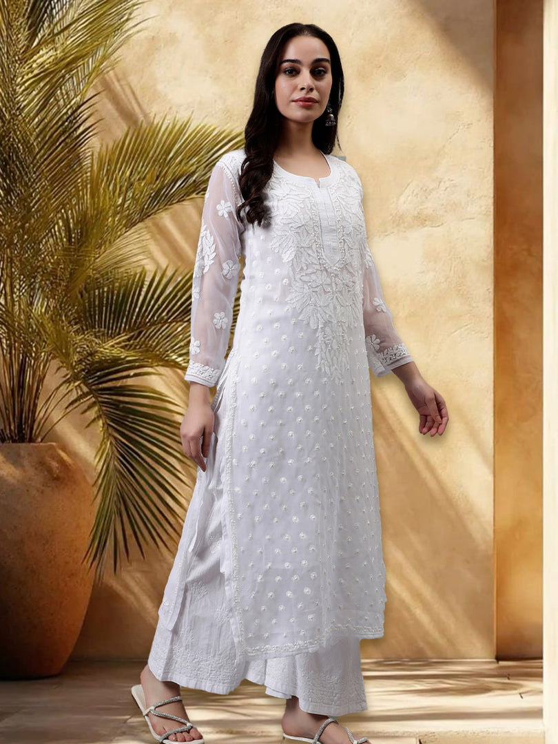 Seva Chikan Hand Embroidered Georgette Chikankari Kurta With Matching Slip