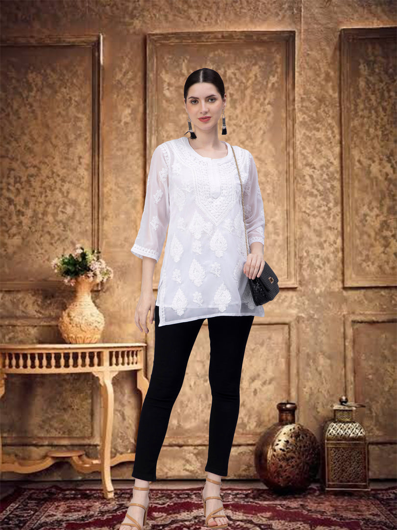 Seva Chikan Hand Embroidered Georgette Lucknowi Chikankari Top With Slip