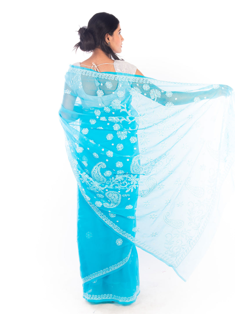 Seva Chikan Hand Embroidered Blue Georgette Lucknowi Saree-SCL1168