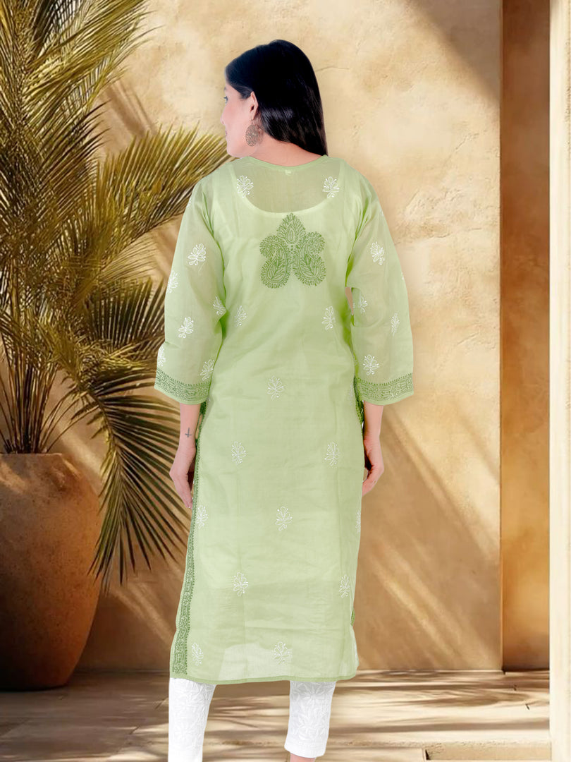 Seva Chikan Hand Embroidered Green Cotton Lucknowi Chikan Kurti SCL1231