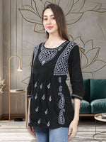 Load image into Gallery viewer, Seva Chikan Hand Embroidered  Black Cotton Lucknowi Chikankari Top
