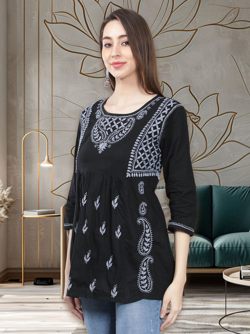 Seva Chikan Hand Embroidered  Black Cotton Lucknowi Chikankari Top